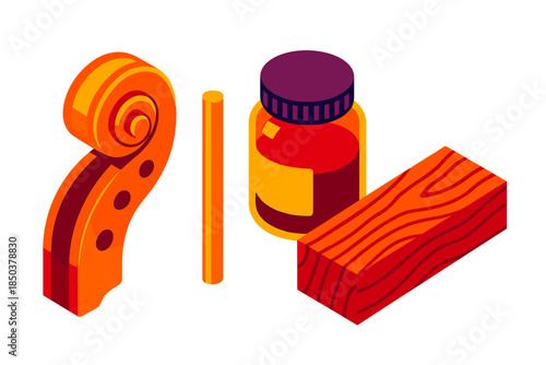Violin Crafting Essentials. Isometric vector illustration set Violin Crafting Essentials: Hand-carved scroll head, internal sound