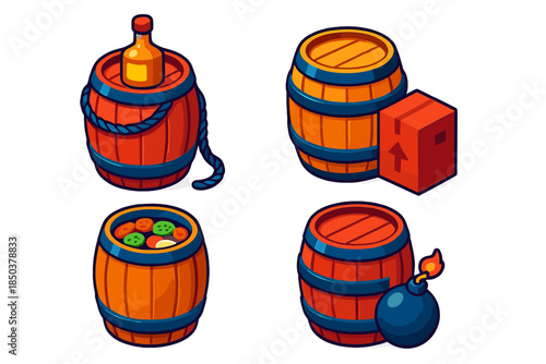 Historic Barrel Uses. Isometric vector illustration set Historic Barrel Uses: Sailor’s rum barrel, merchant shipping cask,