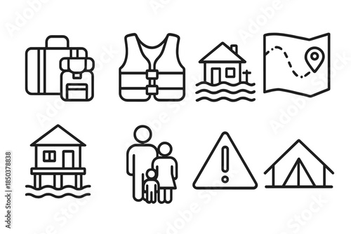 Climate Migration Icons. Line style icons of Climate Migration: Packed Belongings, Rising Sea Level, Border, New Home; Suitcase,