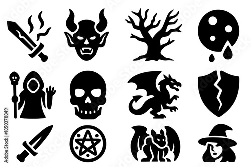 Dark Fantasy Icons. Solid style icons of Dark Fantasy: Cursed Sword, Demon, Haunted Forest, Blood Moon, Necromancer, Skull, Black