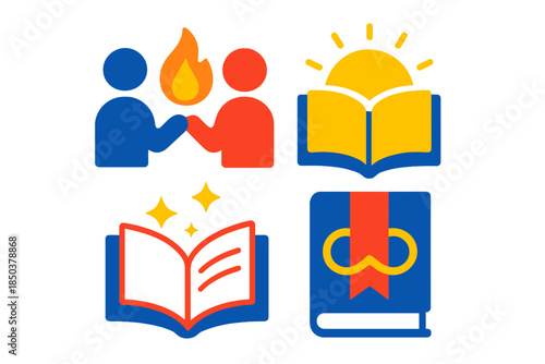 Mutual Insight Icons. Flat vector icons of mutual insight: two figures sharing glowing flame, open book reflecting light, turning