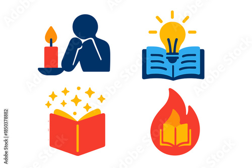 Enlightened Reading Icons. Flat vector icons of enlightened reading: candle beside thoughtful figure, lightbulb shining over text,