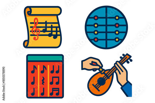 Historical Sound Restoration Icons. Flat vector icons of historical performance recovery: scroll with reconstructed melody,