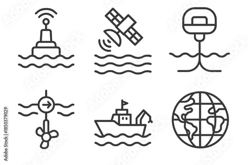 Ocean Observation Icons. Line style icons of ocean observation networks: buoy communication, satellite uplink, underwater cable,