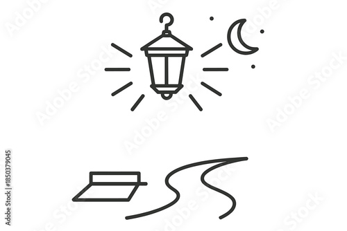Glowing Porch Lantern. Line style icons of a glowing porch light illuminating a path: hanging lantern icon, radiating light beams,