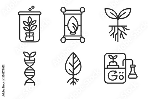 Hybridization Equipment Icons. Line style icons of epoch-hybridization equipment: botanical laboratory, fusion seed container,