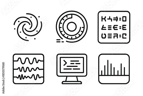Galactic Symbol Analyzers. Line style icons of galaxy alphabet analyzers: spiral galaxy symbol, data ring interface, symbol