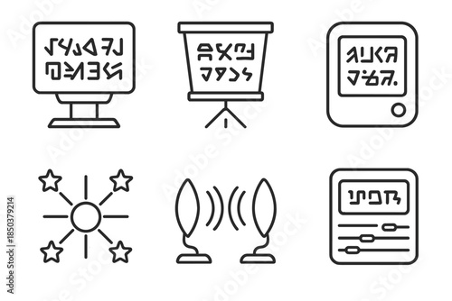 Interstellar Device Icons. Line style icons of interstellar translation devices: holographic panel with glyphs, beam projection