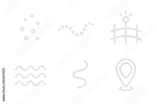 Glowing Path Markers. Line style icons of glowing trail markers: floating light dots, rhythmic path pattern, beacon line grid,