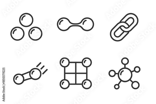 Mercury Web Icons. Line style icons of mercury web connections: rounded metal spheres, surface tension bridges, mirrored link