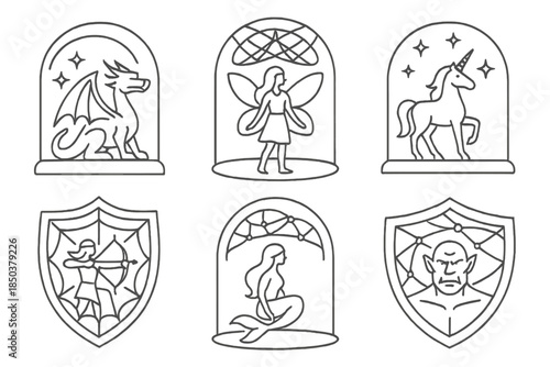 Fantasy Species Conservators. Line style icons of fantasy species conservators: mythical creature silhouettes, preservation dome,