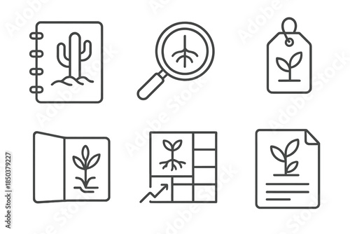 Survival Flora Icons. Line style icons of survival flora documenters: notebook with desert plant, magnifying glass over roots,