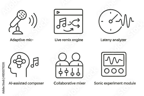 Innovative Audio Icons. Line style icons of real-time audio innovation: adaptive microphone system, live remix engine, latency