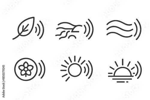 Natural Sound Icons. Line style icons of natural sound awakenings: whispering leaf tone, flowing brook note, ambient breeze curve,
