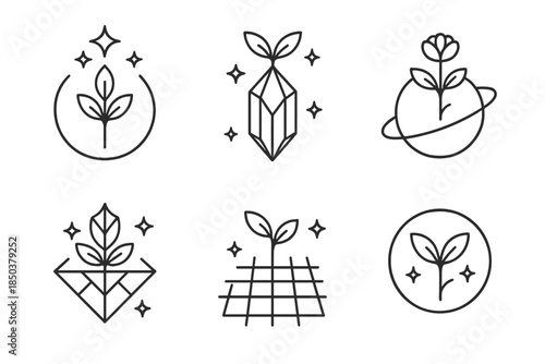 Galactic Botanical Icons. Line style icons of stellar botanical harmony: cosmic plant emblem, luminous seed crystal, planetary