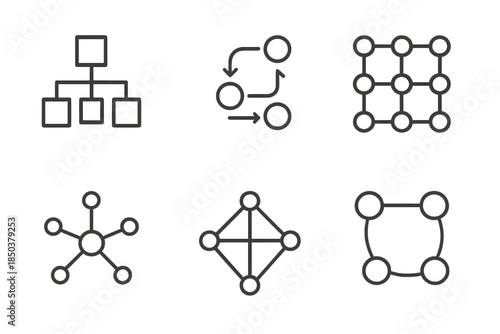 Line Style Network. Line style icons of clear relationship maps: structural link diagram, transparent connection flow, harmony