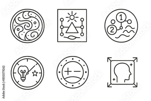 Visionary Reasoning Devices. Line style icons of visionary reasoning devices: ethereal pattern disk, lucid theorem engine,