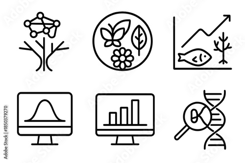 Biostatistical Icons. Line style icons of biostatistical forecasting systems: neural nature model, data-driven biodiversity ring,