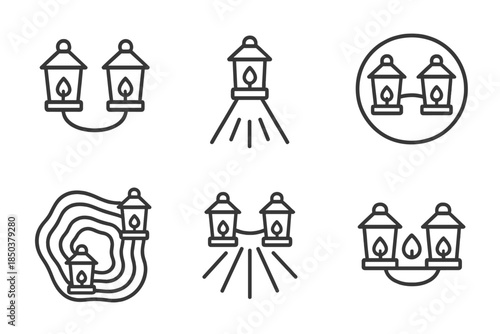 Shared Lanterns Icons. Line style icons of shared lanterns lighting mutual goals: dual lanterns connected by light, guiding beam