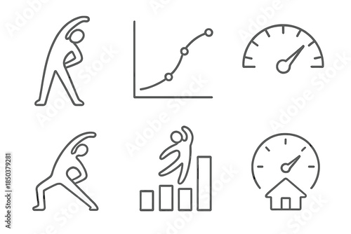 Stretch Icons Progression. Line style icons of stretching figures as progress indicators: silhouette stretch pose, movement curve