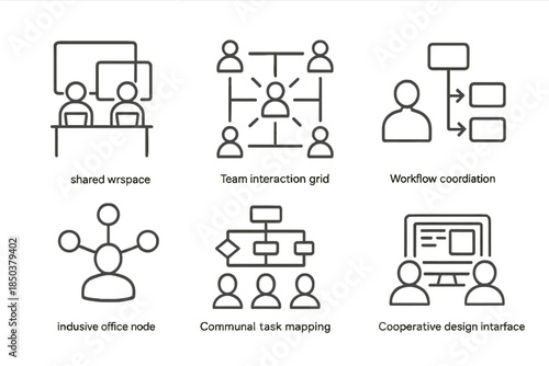 Collaborative Workspace Icons. Line style icons of collaborative environment planners: shared workspace overlay, team interaction