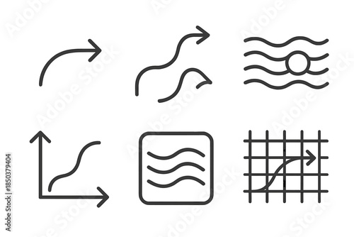 Line Style Flow Icons. Line style icons of soft flow direction: curved current arrow, gentle path indicator, fluid navigation node