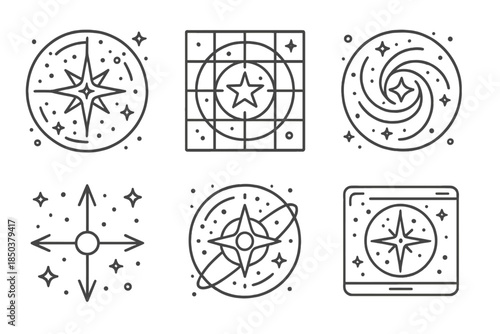 Universe Navigation Icons. Line style icons of universe navigation tools: celestial compass interface, star alignment grid, galaxy