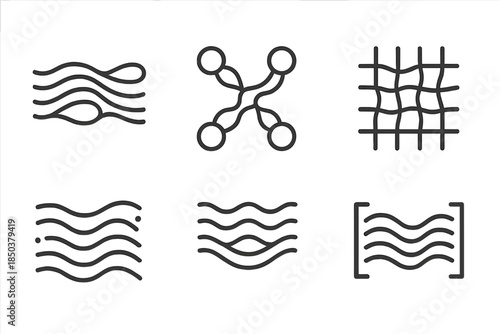 Liquid Unity Icons. Line style icons of liquid unity formations: combined flow patterns, harmonious stream nodes, merged water