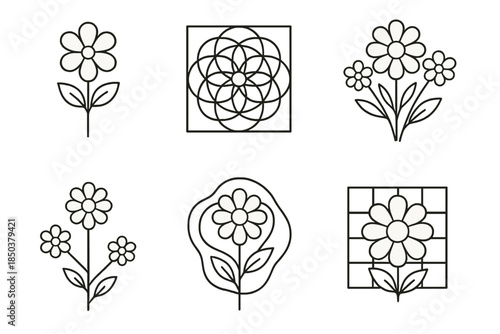 Heritage Floral Icons. Line style icons of heritage floral planning systems: traditional bloom diagram, layered historical petal