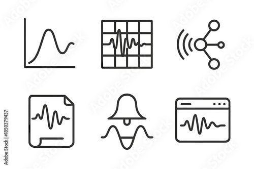 Sound Heritage Icons. Line style icons of sound heritage analytics: frequency response chart, cultural waveform grid, acoustic