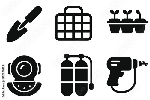 Underwater Cultivation Icons. Solid style icons of underwater cultivation tools: planting trowel, mesh cage, seedling tray, diver