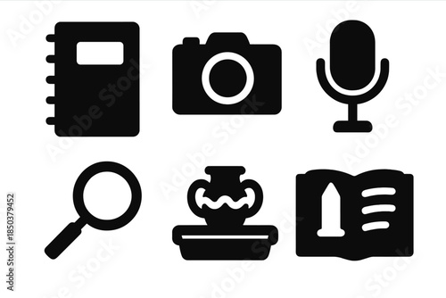 Cultural Research Tools. Solid style icons of cultural research equipment: notebook, camera, audio microphone, magnifier, artifact