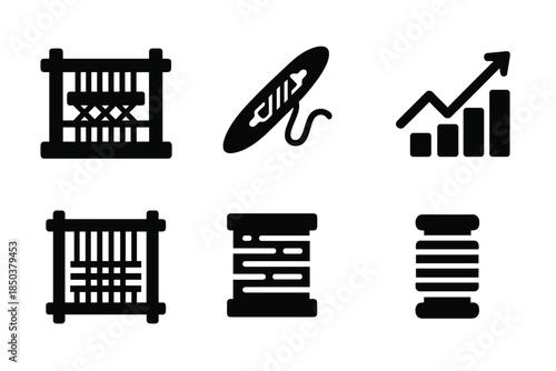 Collective Weaving Icons. Solid style icons of collective weaving progress: loom, shuttle, thread roll, progress chart, weaving