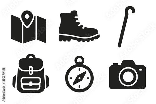 Natural Landscape Tools. Solid style icons of natural landscape tools: map, hiking boots, walking stick, backpack, compass, camera