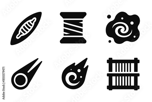Cosmic Weaving Icons. Solid style icons of cosmic tapestry shuttles: weaving shuttle, thread spool, galaxy swirl, nebula, comet,