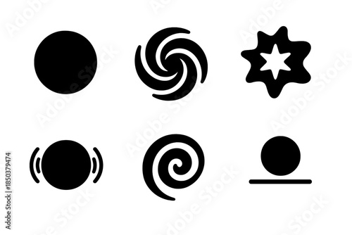 Black Hole Icons. Solid style icons of black hole forgotten events: black hole, swirling vortex, disappearing star, gravitational