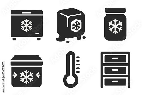 Frozen Ecosystem Icons. Solid style icons of frozen ecosystem preservation: storage freezer, ice block, sample jar, insulated box,