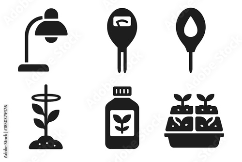 Gardening Tools Icons. Solid style icons of low-light gardening devices: lamp, soil tester, moisture meter, plant support,