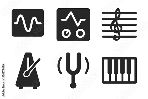 Theoretical Music Icons. Solid style icons of theoretical music devices: waveform, oscillator, staff lines, metronome, tuning fork