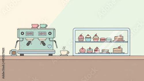 A modern espresso machine and a display case with assorted pastries on a countertop in a coffee shop environment viewed from the front