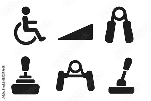 Accessibility Icon Set. Solid style icons of physical adaptation creation: wheelchair icon, ramp, hand grip, adjustable joystick,