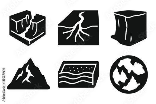 Ancient Landscape Icons. Solid style icons of ancient landscape reconstruction: canyon model, river delta, cliff cross-section,