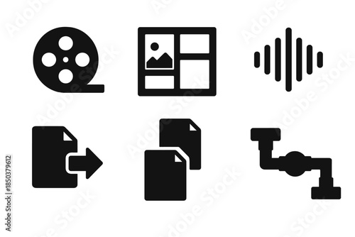 Multimedia Transformation Icons. Solid style icons of multimedia transformation systems: video reels, image grids, audio waves,