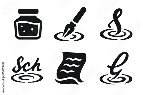 Aquatic Calligraphy Tools. Solid style icons of aquatic calligraphy tools: water-filled ink pots, submerged pens, swirling strokes