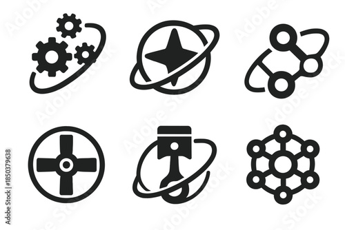 Orbit Engine Icons. Solid style icons of orbit-powered engines: planetary cogs, star rotors, celestial linkages, rotational arrays