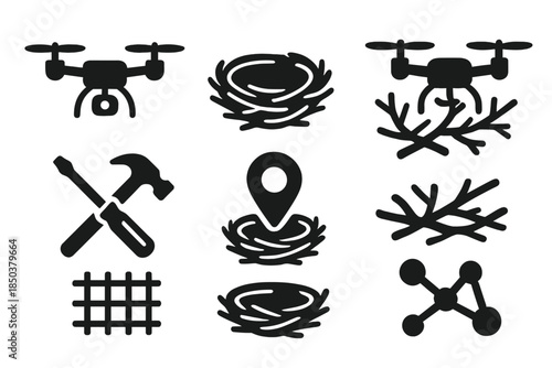 Micro-Drone Habitat Builders. Solid style icons of micro-drone avian habitat builders: flying drones, nest grids, branch