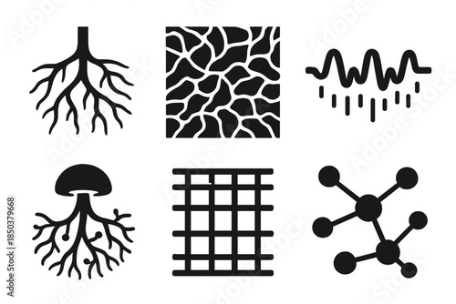 Underground Mycelium Icons. Solid style icons of underground mycelium matrices: branching roots, subterranean webs, pulse lines,