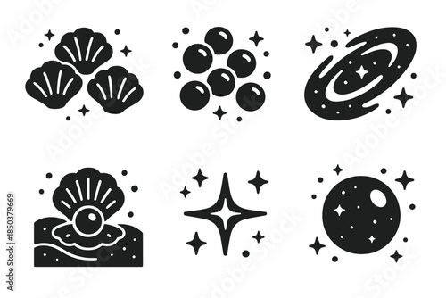 Galactic Oyster Icons. Solid style icons of galactic oyster beds: shell arrays, pearl clusters, nebula accents, cosmic sandbeds,
