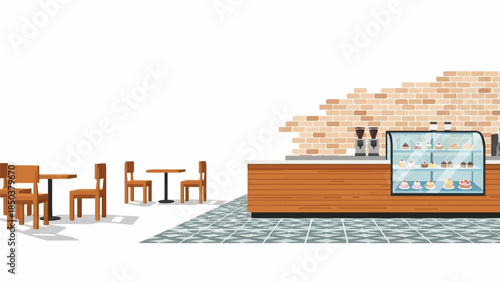 Modern café interior with wooden furniture and brick wall, viewed from the side.