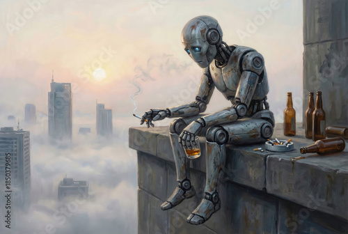 Burned out humanoid AI robot on a building ledge at sunrise, holding a cigarette and whiskey, overwhelmed by trivial human demands, modern existential crisis
